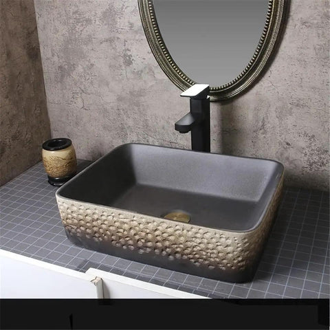 USZWBY Imitation Stone Ceramic Vessel Sink Small Wash Basin for Outdoor Pool Home Bathroom Modern Countertop Art Design in rectangular shape.