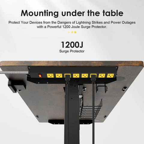 Rugged 20 Amp Metal Power Strip Surge Protector With 8 Outlets And Six Foot 12 Gauge Extension Cord mounted under table
