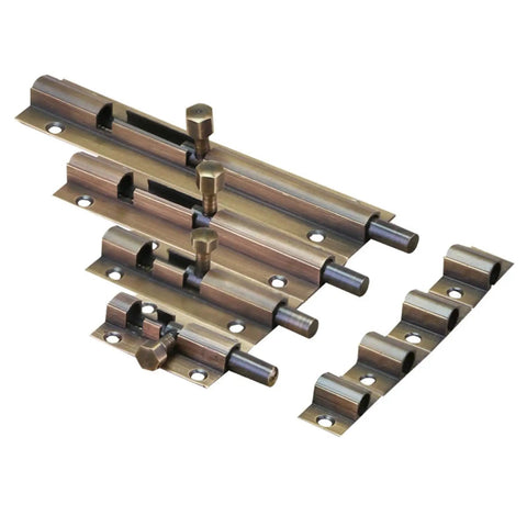 Rock Solid Sliding Bolt Door Latch With Slick Auto Return Action Premium Bronze 100Mm Pocket Door Catch showing multiple bronze latches and components.