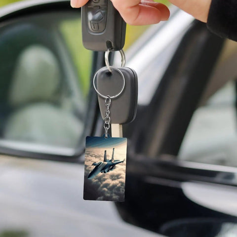 Fighter Jet Acrylic Keychain With Chain And Jump Ring hanging from car key, ultra lightweight aviation charm for keys and bags