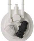 Top view of Heavy Duty Electric Fuel Pump for Buick LeSabre and Cadillac, showing connectors and inlet ports on a white base.