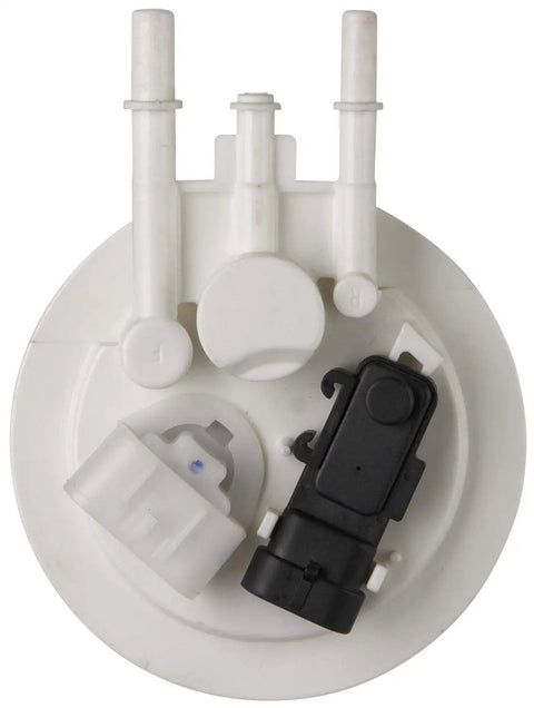 Top view of Heavy Duty Electric Fuel Pump for Buick LeSabre and Cadillac, showing connectors and inlet ports on a white base.