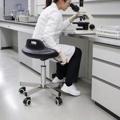Straight Up Heavy Duty Stainless Steel Swivel Stool With Smooth Rolling Casters Built Tough For Garage Shops Salon Stations Or Industrial Cleanroom Workspaces And Rock Solid Round Seat Platform in a lab setup.