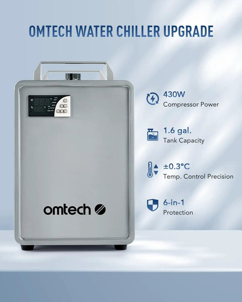 Heavy Duty Compact Six Liter Water Chiller For Laser Engraving Machines With Slick Three Point Two GPM Flow Rate And Killer Cooling Performance To Keep Your Setup Running Smooth All Day Long, showing front view and digital display.