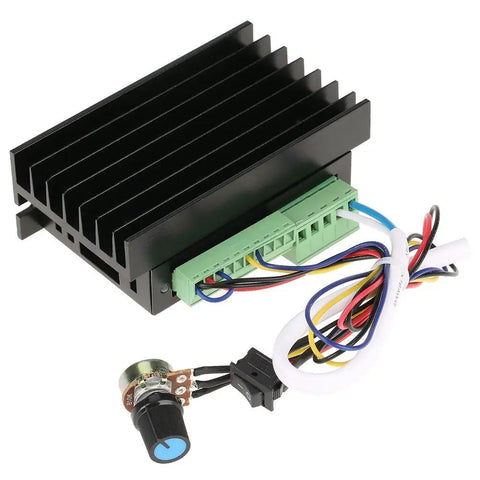 Beefy 48V 500W Brushless Motor Controller For DC Spindle BLDC Motors with wiring and heatsink, side angle view