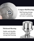 Close-up of 304 stainless steel bearings on beefy heavy duty track wheel caster for sliding gates, highlighting compact design and durability.