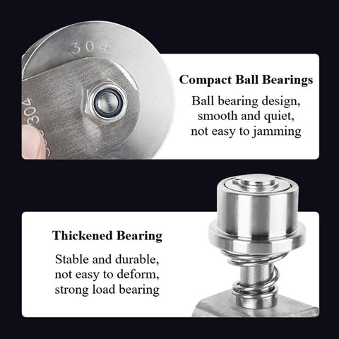 Close-up of 304 stainless steel gate roller bearing showing compact design and thickened bearing for durability in sliding gate setup.