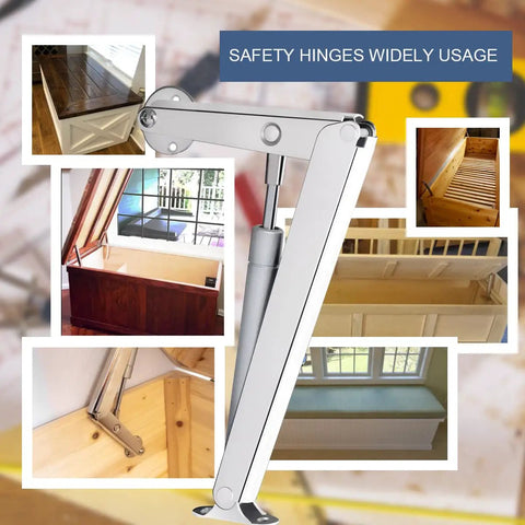 Image showing 100N Heavy Duty Soft Close Lid Support Hinge For Wooden Boxes And Toy Chests in various installation views.
