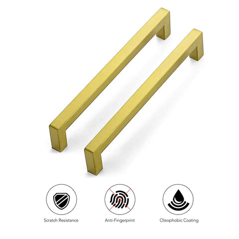 30 Pack Seven And A Half Inch Square Cabinet Handles Brushed Brass Drawer Pulls showcasing scratch resistance and anti-fingerprint features.