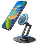 360 Degree Rotating Magnetic Phone Stand For Desk With Adjustable Foldable Aluminum MagSafe Holder And Non Slip Base, holding an iPhone