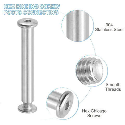 Top Shelf Hex Chicago Screws 10 Pack Binding Posts M6 X 50 Mil Socket Cap Bolts With Nuts For Scrapbook Leather Craft showing smooth threads and stainless steel.