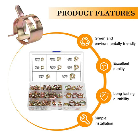 90-Piece Car Spring Hose Clamp Kit with 8 sizes for fuel lines, silicone tubes; kit in case showing 6mm to 16mm clamps