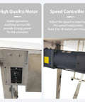Close-up of 110V PU Belt Conveyor With Double Guardrails showing high quality motor and speed controller, stainless steel frame