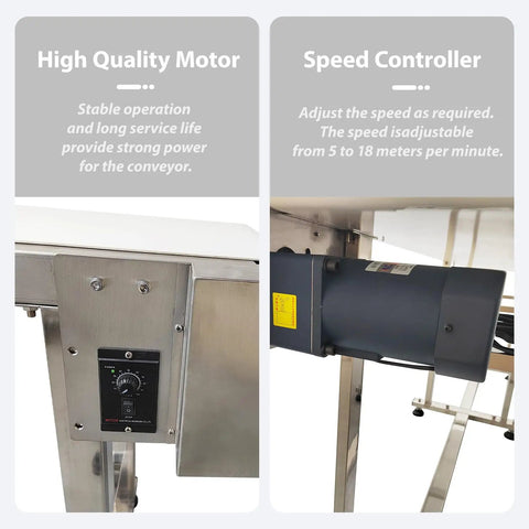 Close-up of 110V PU Belt Conveyor With Double Guardrails showing high quality motor and speed controller, stainless steel frame