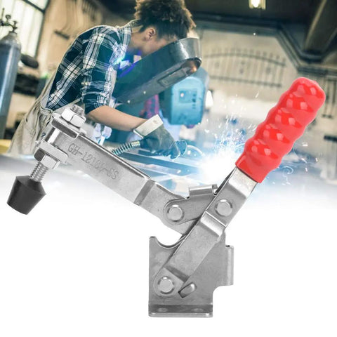 Straight Up Pro Grade Welding Clamp And Positioning Jig Made From 304 Stainless Steel, showing red handle and precise locking mechanism.