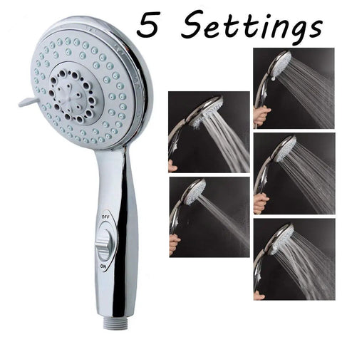 Go To Handheld Shower Head With On Off Switch 5 Spray Settings 6.5 Foot Extra Long Hose High Pressure Water Flow Bathroom Kit
