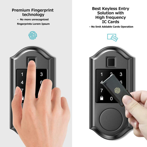 Smart Lock With Keypad And Fingerprint 5 In 1 Access Control for Home Security showing finger on fingerprint sensor and key card use