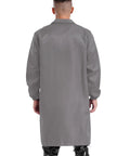 Premium Unisex Workwear Lab Coat Featuring Hella Tough Cotton Polyester Build For V Neck Button Front Closure And Ample Storage Pockets For Reliable Daily Wear In Sleek Gray, back view.