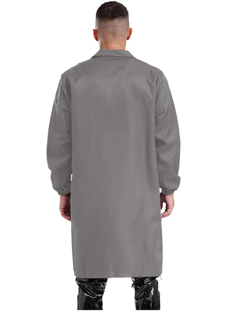 Premium Unisex Workwear Lab Coat Featuring Hella Tough Cotton Polyester Build For V Neck Button Front Closure And Ample Storage Pockets For Reliable Daily Wear In Sleek Gray, back view.