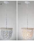 Wood Beaded Farmhouse Chandelier with white finish showing off and on settings, adjustable cord, and natural wood beads. Boho pendant lighting for dining room, foyer, kitchen, and bedroom rustic modern ceiling light.