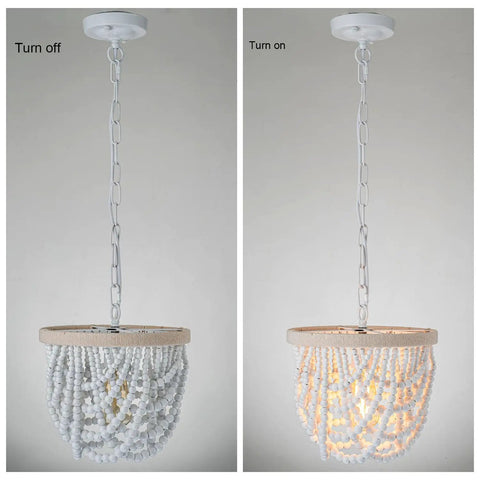 Wood Beaded Farmhouse Chandelier with white finish showing off and on settings, adjustable cord, and natural wood beads. Boho pendant lighting for dining room, foyer, kitchen, and bedroom rustic modern ceiling light.