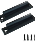 Two black aluminum sash lift handles with 3.5 inch center-to-center hole spacing, shown with mounting screws.