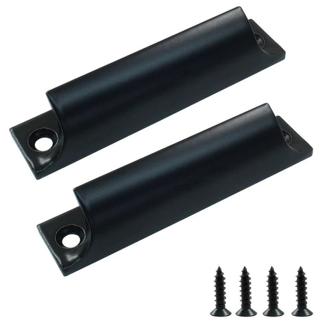 Two black aluminum sash lift handles with 3.5 inch center-to-center hole spacing, shown with mounting screws.