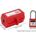 Solid as a Rock Electrical Plug Lockout Device for Industrial Tagout Safety Blocks 100 220V Plugs with 38 Millimeter Padlock Key, red color, 118mm x 65mm size, includes padlock.