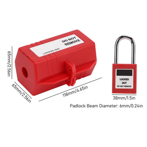 Solid as a Rock Electrical Plug Lockout Device for Industrial Tagout Safety Blocks 100 220V Plugs with 38 Millimeter Padlock Key, red color, 118mm x 65mm size, includes padlock.