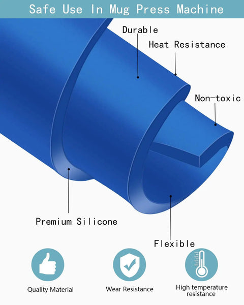 Sublimation Tumbler Wrap Kit For Mug Press With Three Silicone Thickness Wraps, showing blue silicone material with labeled qualities.