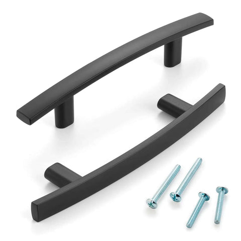Snag These Tough Matte Black Cabinet Pulls Curved Look 3 Inch Hole Centers 10 Pack Solid Metal Drawer Handles Rust Free Kitchen Furniture Grips With Screws close-up of two cabinet pulls with screws