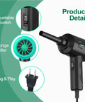 Electric Air Duster Blower With Two Speed Settings And Four Brush Attachments For Electronics Cleaning Perfect For Computer Keyboard Laptop Camera And Other Devices showing adjustable switch, sponge filter, and plug details