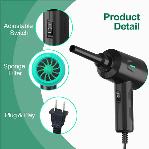 Electric Air Duster Blower With Two Speed Settings And Four Brush Attachments For Electronics Cleaning Perfect For Computer Keyboard Laptop Camera And Other Devices showing adjustable switch, sponge filter, and plug details