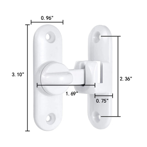 White Barn Door Latch Set With 90/180 Degree Gate Lock Ideal For Cabinets Sliding Doors And Bathrooms Zinc Alloy Right Angle Door Lock Latch No Fuss Install And Solid Security showing dimensions and zinc alloy material.