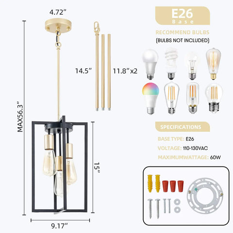 Dope Industrial Farmhouse 3 Light Pendant Fixture In Black And Gold with Geometric Cage, E26 sockets, and adjustable rods, 9.17 inches wide