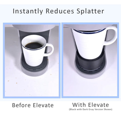 Comparison of coffee maker with and without Anti Splash Cup Riser For Keurig And Cuisinart Single Serve Coffee Makers, Adjustable Cup Size.