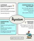 Infographic of Mycelium showcasing organic farming, quality, purity, local support, and certification benefits with cartoon rooster.