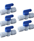5 Pack 3 8 Inch Push In Ball Valve Quick Connect Plumbing Fitting Leak Proof Polypropylene showing blue handle and white body.