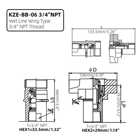 KZE-BB-06 3/4 in NPT Wet-Line Wing-Type hydraulic quick-disconnect coupler; dimensioned schematic.