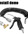 Air Blow Gun Kit With 16ft PU Coil Hose 8mm OD High Flow Duster For Trucks And Shop Cleaning, One Quarter Inch Industrial D Type Plug And Coupler