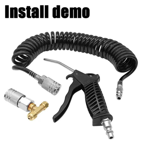 Air Blow Gun Kit With 16ft PU Coil Hose 8mm OD High Flow Duster For Trucks And Shop Cleaning, One Quarter Inch Industrial D Type Plug And Coupler