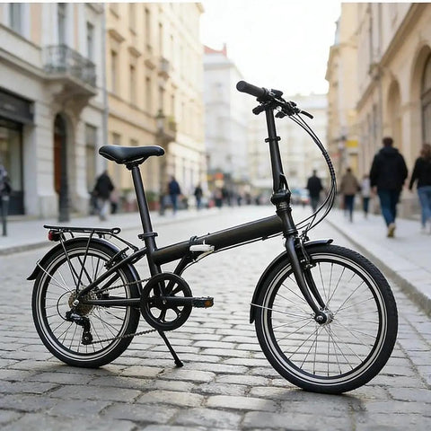 City folding bicycle with Durable Bike Crank Arm Set With Square Taper Spindle 170mm Arm Length And 52 Tooth Chainring on cobblestone street