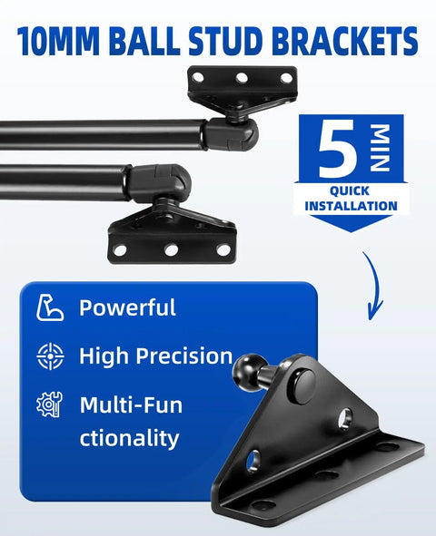 10mm Ball Stud Mounting Bracket 4 Pack for RV Door Lifts and Gas Struts black L-shaped with installation icons