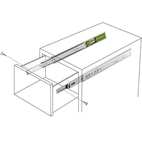 Diagram of drawer with Soft Close Heavy Duty Drawer Slides 18 Inch 6 Pairs Side Mount Metal Ball Bearing Full Extension Rails 110 Lb Load Capacity