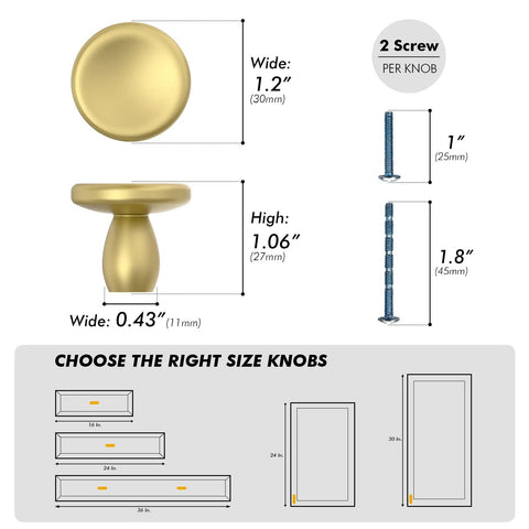 Product details for Kick The Look Upgrade With Solid Round Cabinet Knobs And Smooth Drawer Pulls In Dope Brushed Gold Finish.