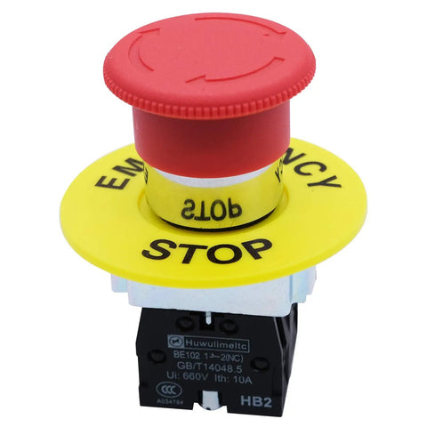 2NC 22mm Red Emergency Stop Push Button Switch Latching E Stop Red Mushroom Style With 40mm Button Diameter, 22mm Panel Mount