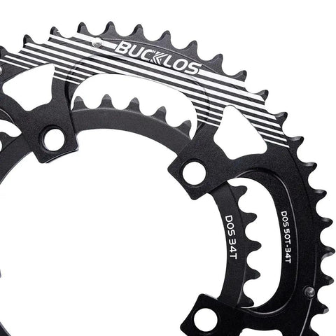 Close-up of 110 BCD Aluminum Bike Chainring Set With Pin 5 Bolt Double Round For Road Bikes, detail of teeth and bolt holes.
