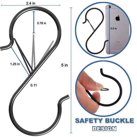 7 Pack S Hooks With Safety Buckle For Heavy Duty Hanging On Small Diameter Rods 5 Inch Black Vinyl Coated Wire Hooks