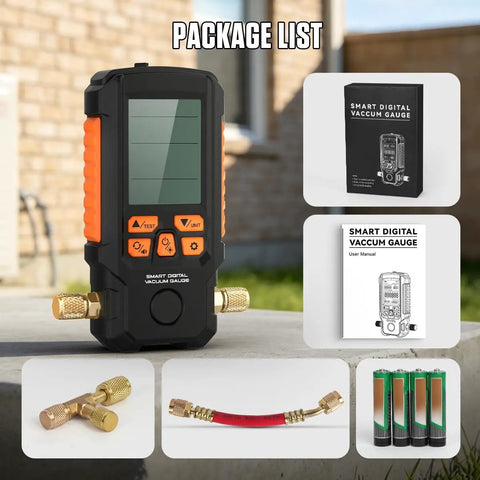 All In One HVAC Digital Vacuum Gauge With Smart Evacuation And Leak Detection Pro Grade Accuracy For Fast Readings In Torr Mbar Hpa InHg Auto Calibration 3 Inch LCD And 7 16 UNF Threads, package contents