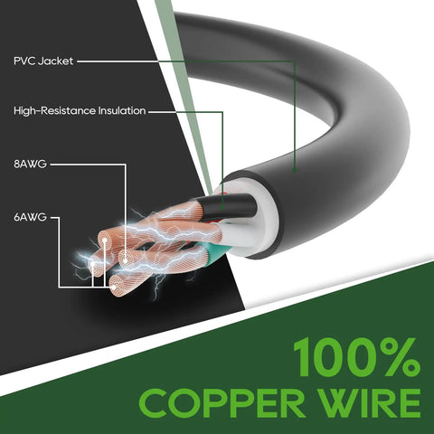 50 Amp 25 Foot RV And EV Extension Cord With NEMA 14 50P Connectors For Level 2 EV Charging And RV Hookups 6250 Watt At 125 Volt And 12500 Watt At 250 Volt Durable Heavy Duty, PVC jacket, 100% copper wire
